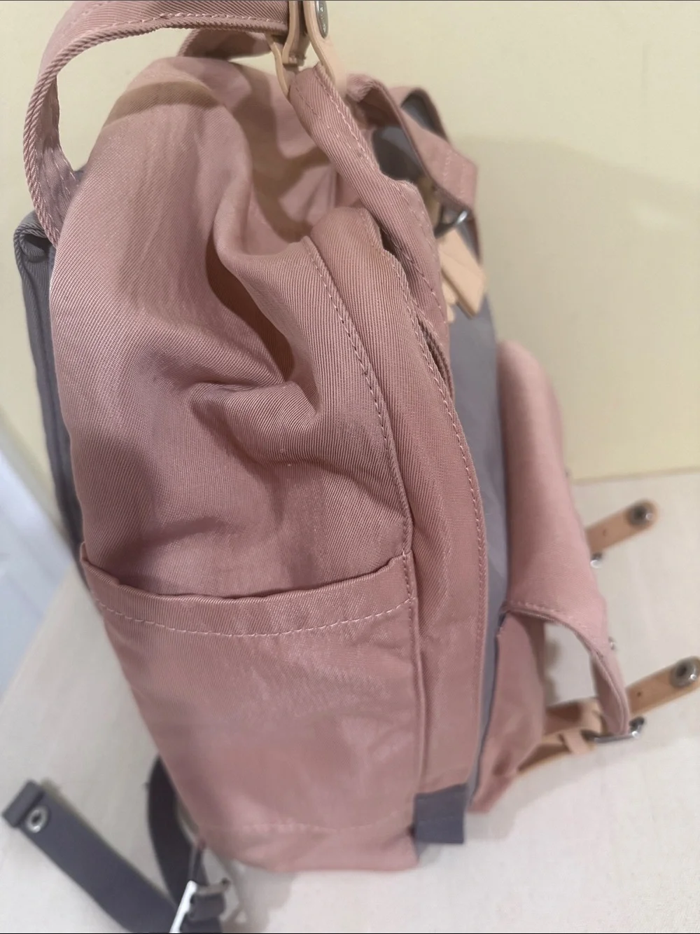 Two-Tone Pink and Gray Canvas Backpack with Leather Trim
